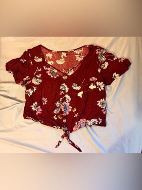 Burgundy Floral Tie-Front Top
